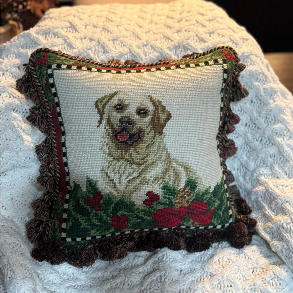 Holiday Dog Needlepoint Pillow